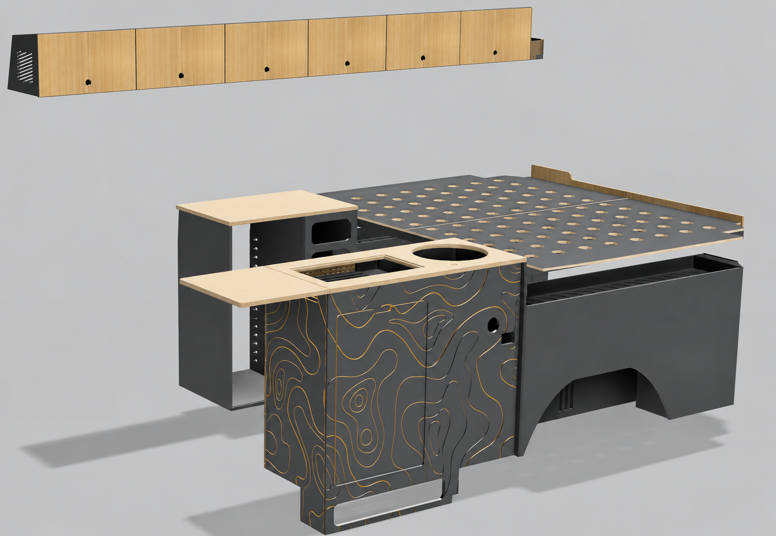 Exploded view of a Bulldog Builds campervan kit's components